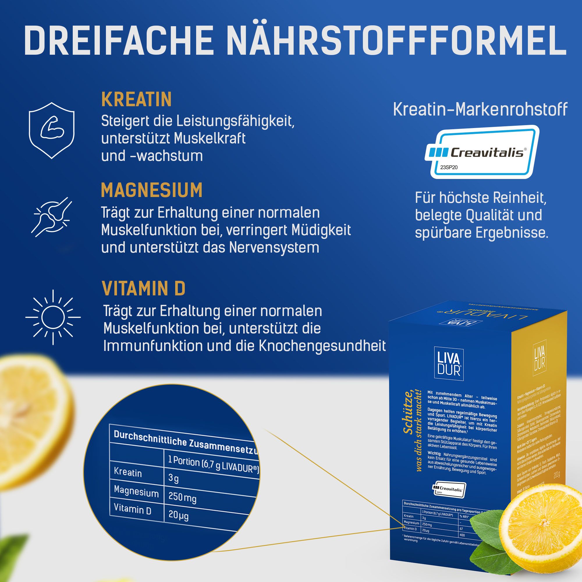 Infografik mit Inhaltsstoffen. Kreatin, Magnesium, Vitamin D. Text: Dreifache Nährstoffformel. Kreatin-Markenrohstoff Creavitalis.