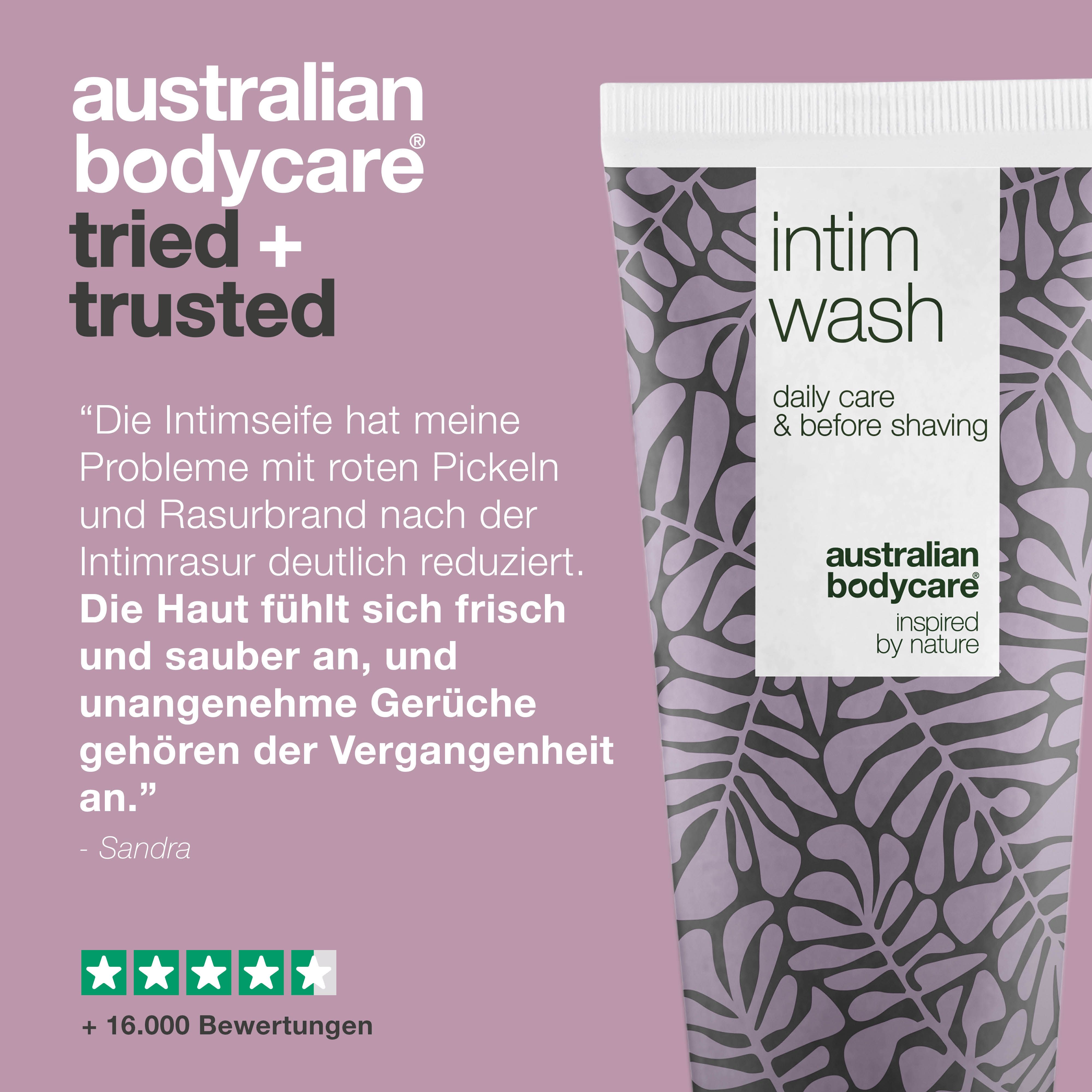 Tube mit Aufschrift: Intim Wash, daily care & before shaving. Marke: Australian Bodycare. Zitat und Sterne-Bewertung.