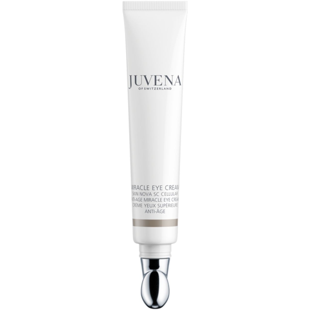 Weiße Tube mit silbernem Applikator. Aufschrift: Juvena Miracle Eye Cream. Anti-Age.