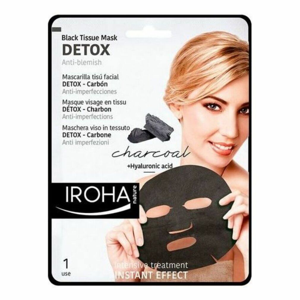 Schwarze Detox-Gesichtsmaske mit Holzkohle und Hyaluronsäure. Verpackung mit Frau und Maske. Marke Iroha Nature.