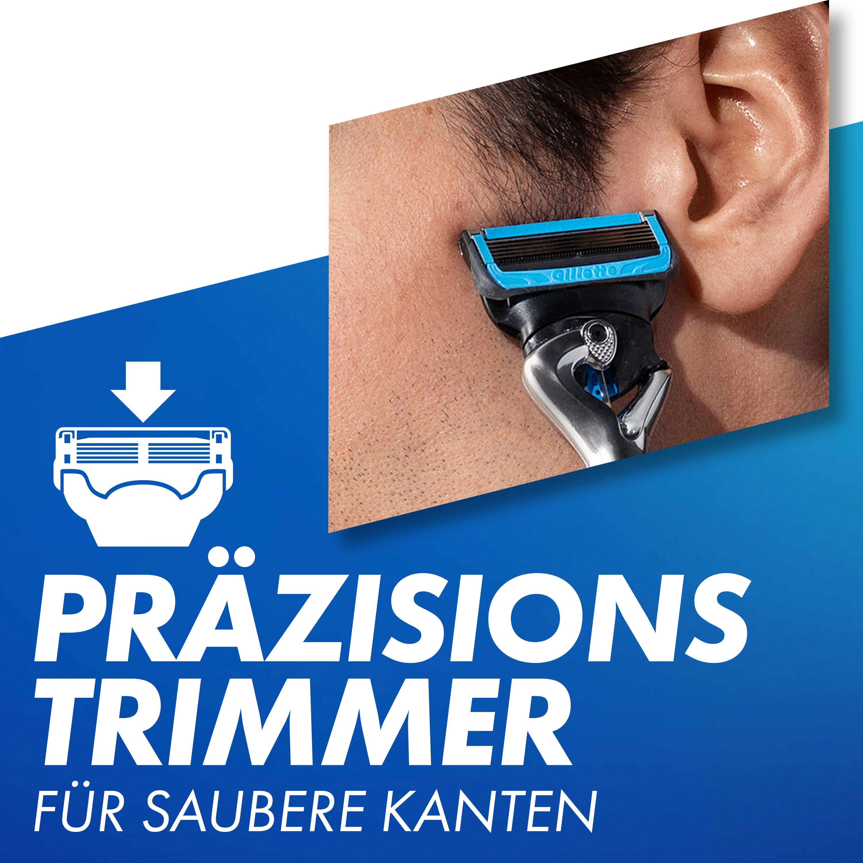 Rasierer mit blauem Element. Präzisionstrimmer für saubere Kanten.