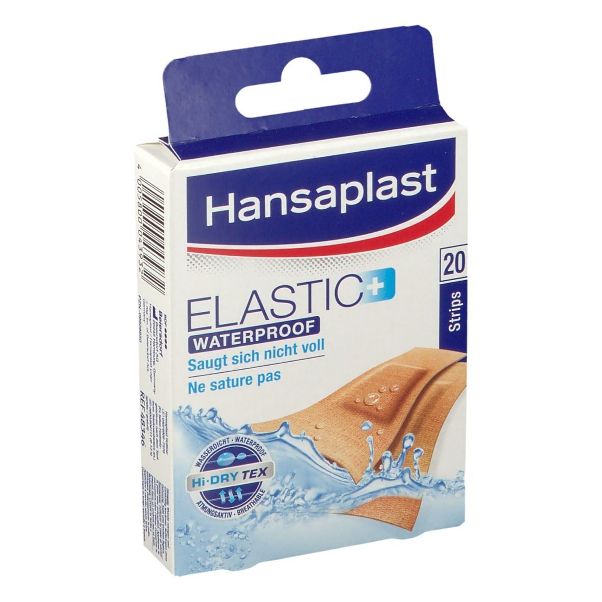 Hansaplast Elastic+ waterproof Verpackung. 20 Strips. Wasserdicht. Produktname und Logo. Blau-weiße Verpackung.