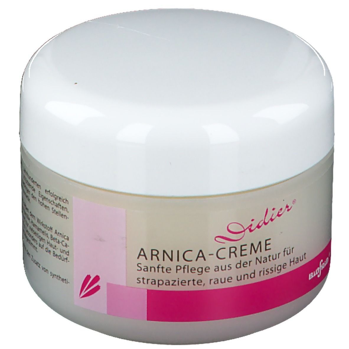 Pot de crème avec couvercle blanc et étiquette rose. Inscriptions "ARNICA-CREME" et "Didier".