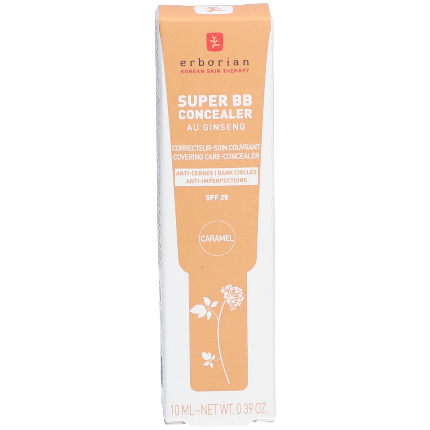 Boîte avec inscription: SUPER BB CONCEALER, KARAMELL. Marque: Erborian. Contient SPF 25.