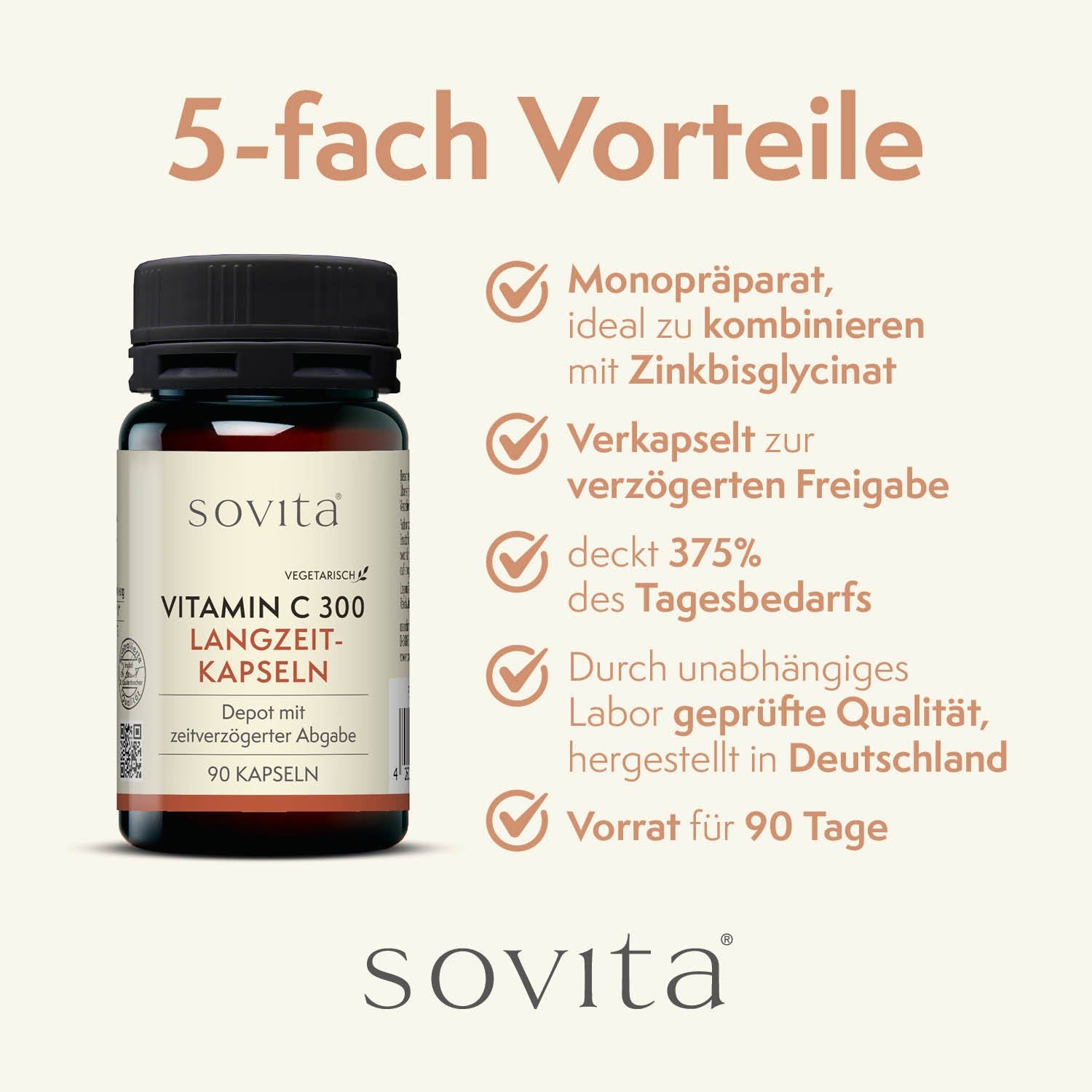 Braune Glasflasche mit schwarzen Deckel, SoVita Vitamin C 300 Kapseln. 5 Vorteile: Monopräparat, verzögerte Freigabe, 375% Tagesbedarf, Labor geprüft, 90 Kapseln.