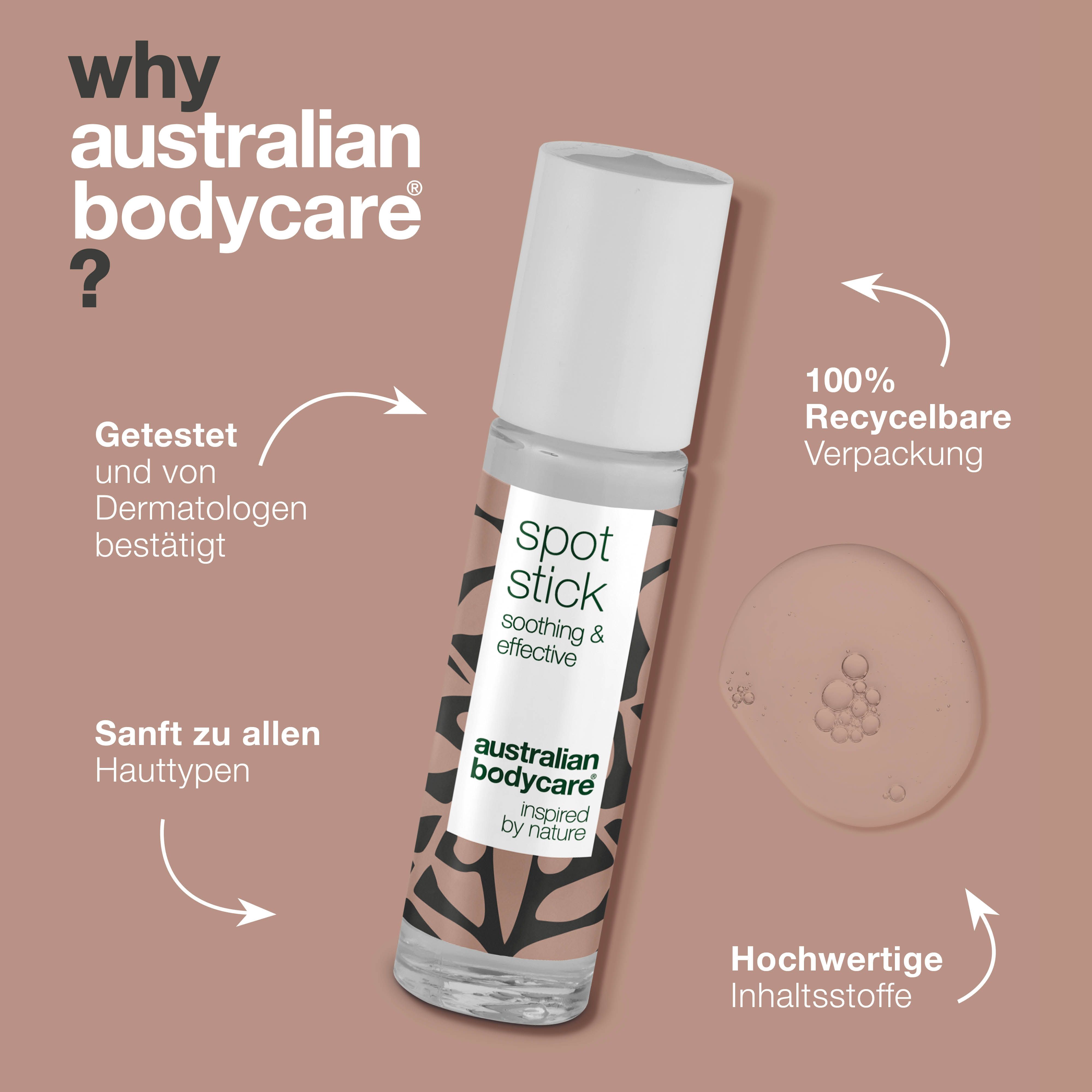 Roll-on-Stift mit weißem Deckel. Aufschrift: Spot Stick, soothing & effective, Australian Bodycare.