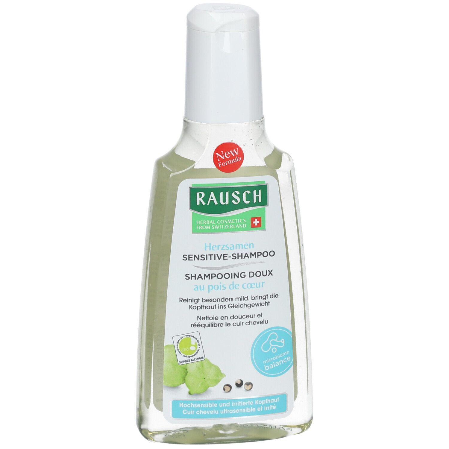 Flacon transparent avec bouchon blanc. Inscription: RAUSCH Herzsamen Sensitive-Shampoo. Avec logo et illustration.