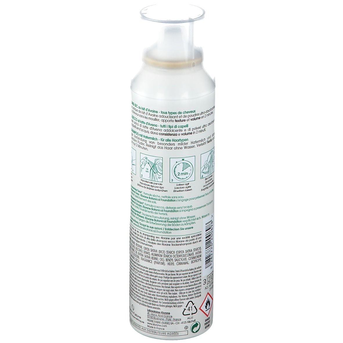 Spray blanc avec tête de pulvérisation. Texte sur l'étiquette : Shampooing sec, lait d'avoine, volume. Avec illustrations d'utilisation.