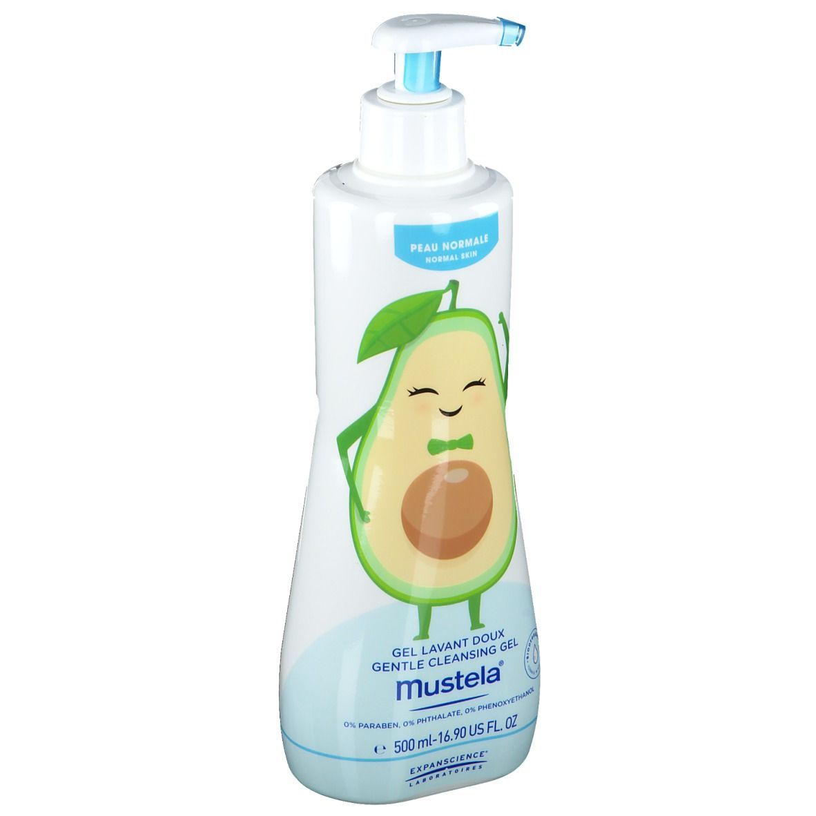 Flacon blanc avec pompe bleue. Illustration d'avocat. Texte: Mustela, Gel lavant doux. Inscription: 500 ml.