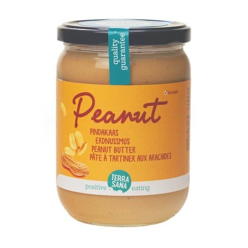 Pot de beurre de cacahuète. Étiquette "Peanut", cacahuètes et "Terra Sana".