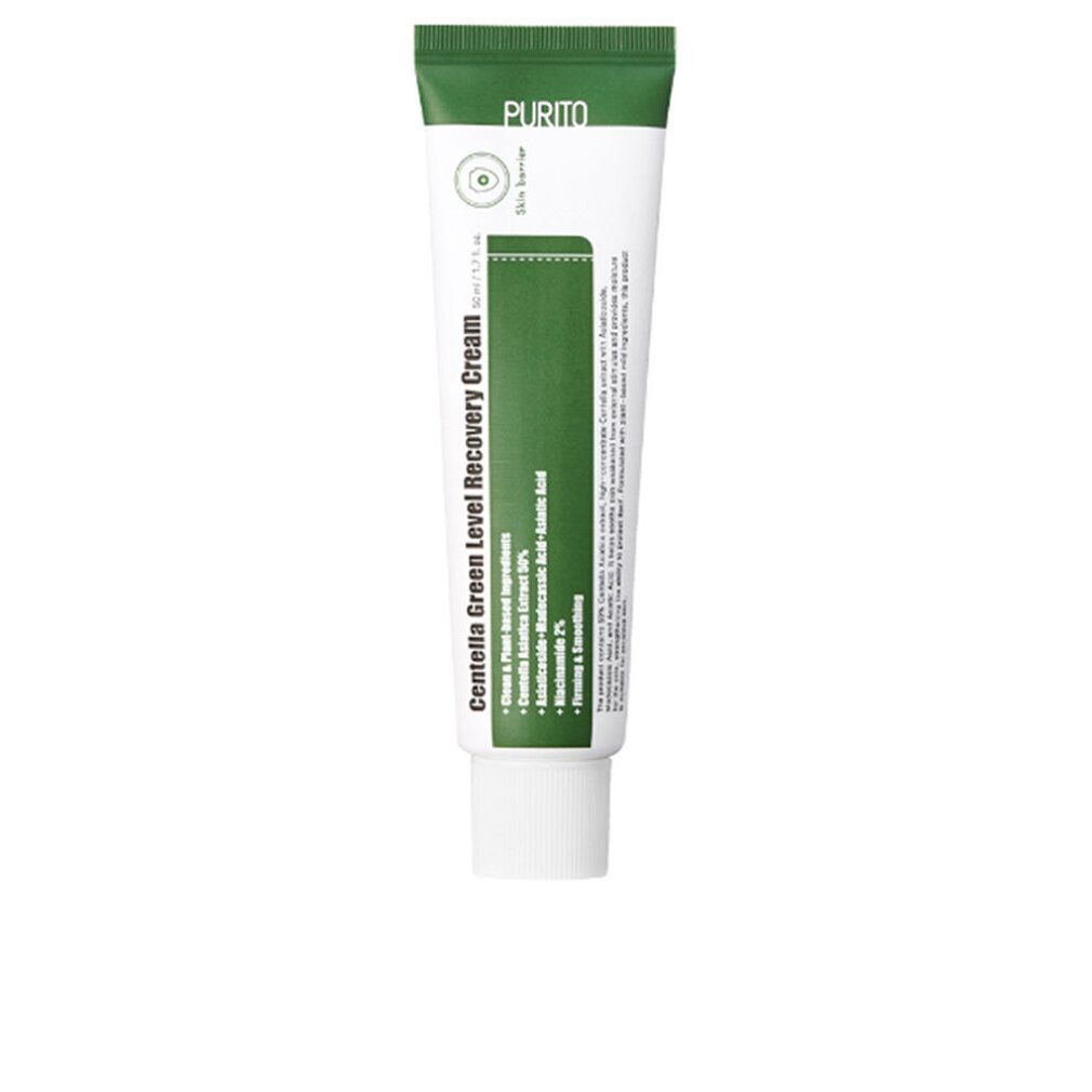 Weiße Tube mit grüner Kappe. Text: Centella Green Level Recovery Cream. Grün bedruckt. Marke Purito.