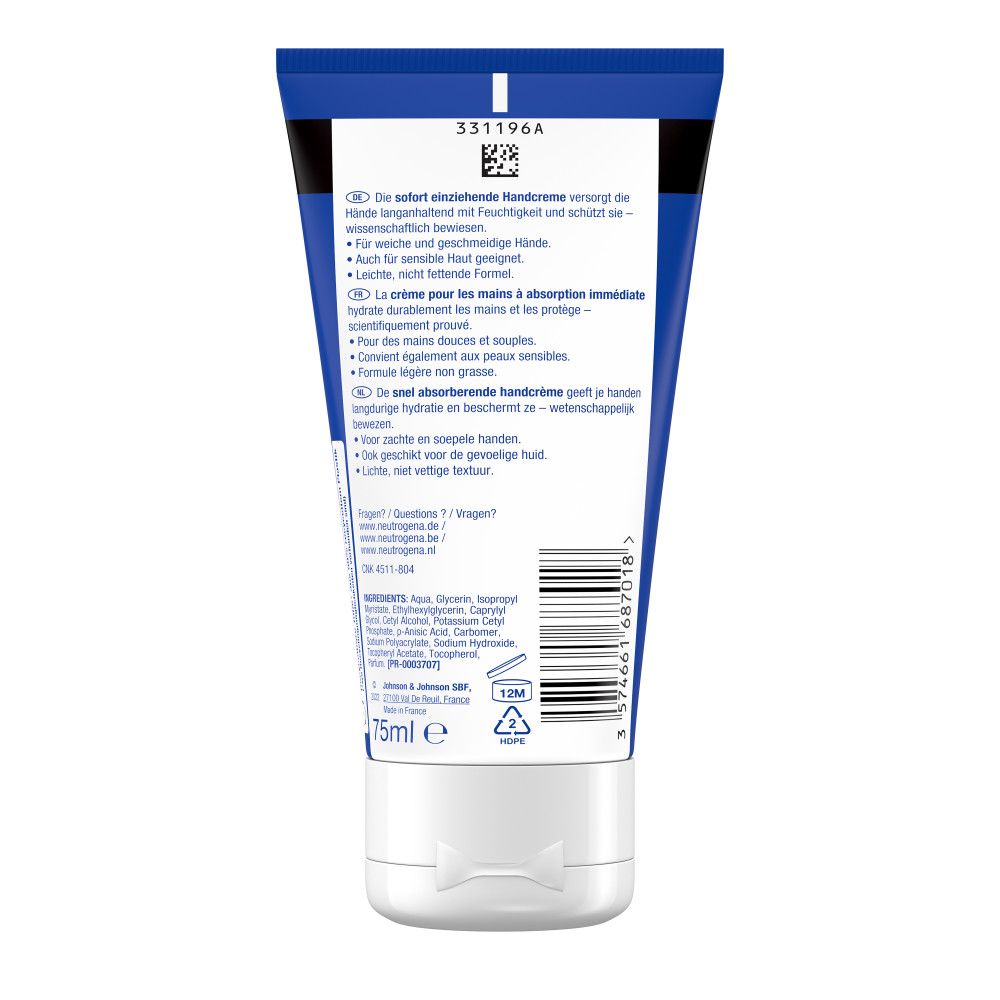 Rückseite der Handcreme-Tube. Text: Inhaltsstoffe, Anwendungshinweise, Kontaktinformationen.
