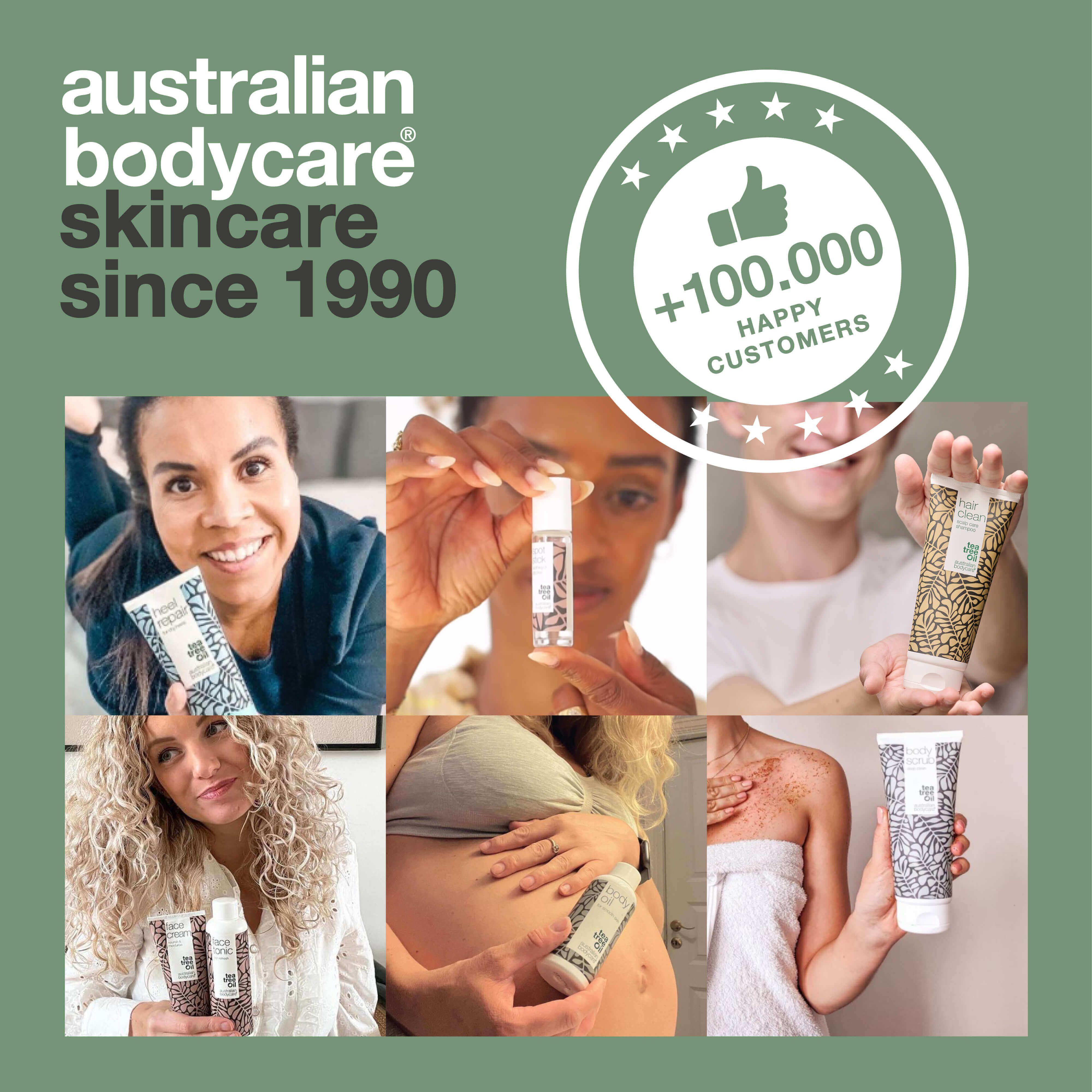 Plusieurs personnes avec des produits. Inscription : Australian Bodycare. Depuis 1990. Plus de 100 000 clients.