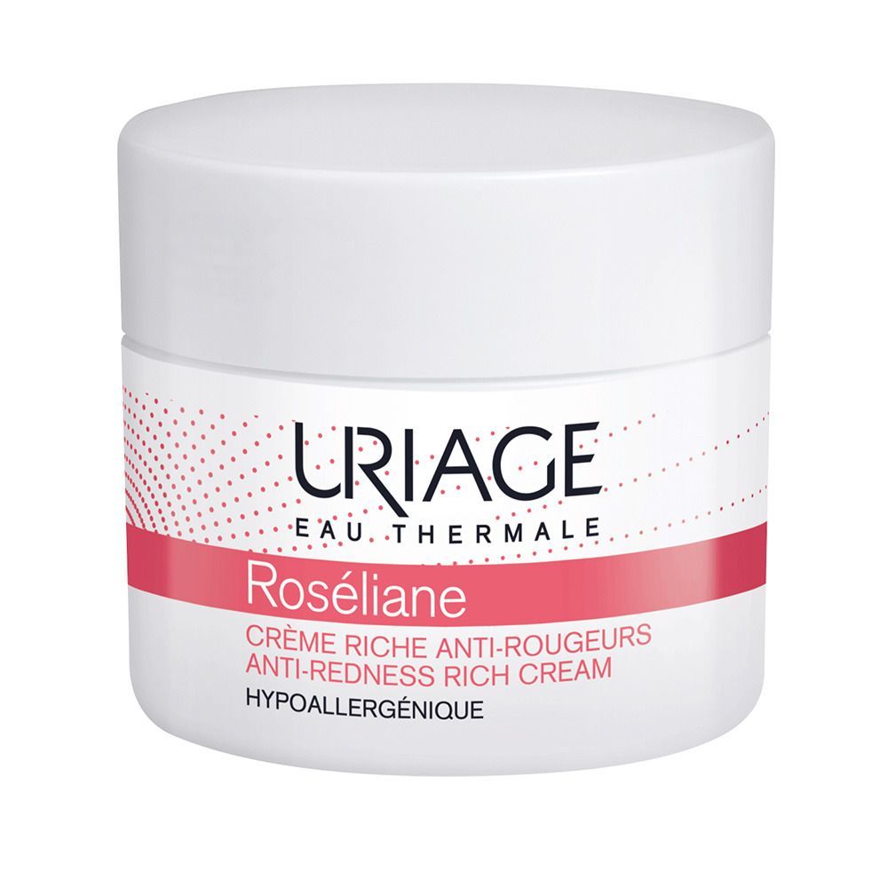 Pot blanc avec bande rose et logo URIAGE. Texte: Roséliane, Crème riche anti-rougeurs. Hypoallergénique.