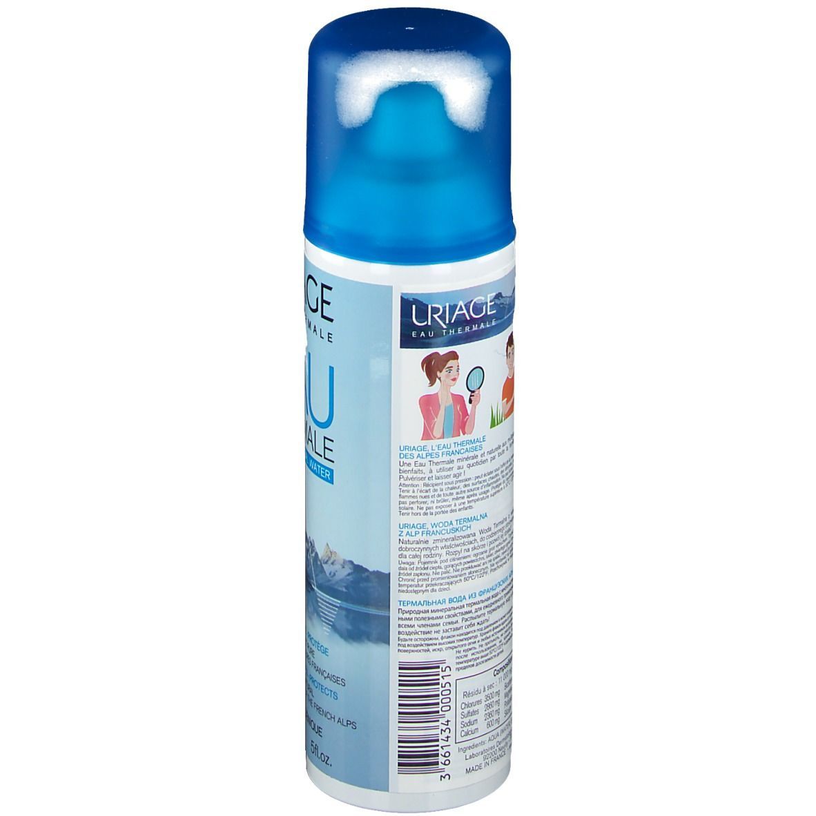 Spray Uriage Eau Thermale. Dos du flacon. Nom du produit, illustrations et texte. 150ml.