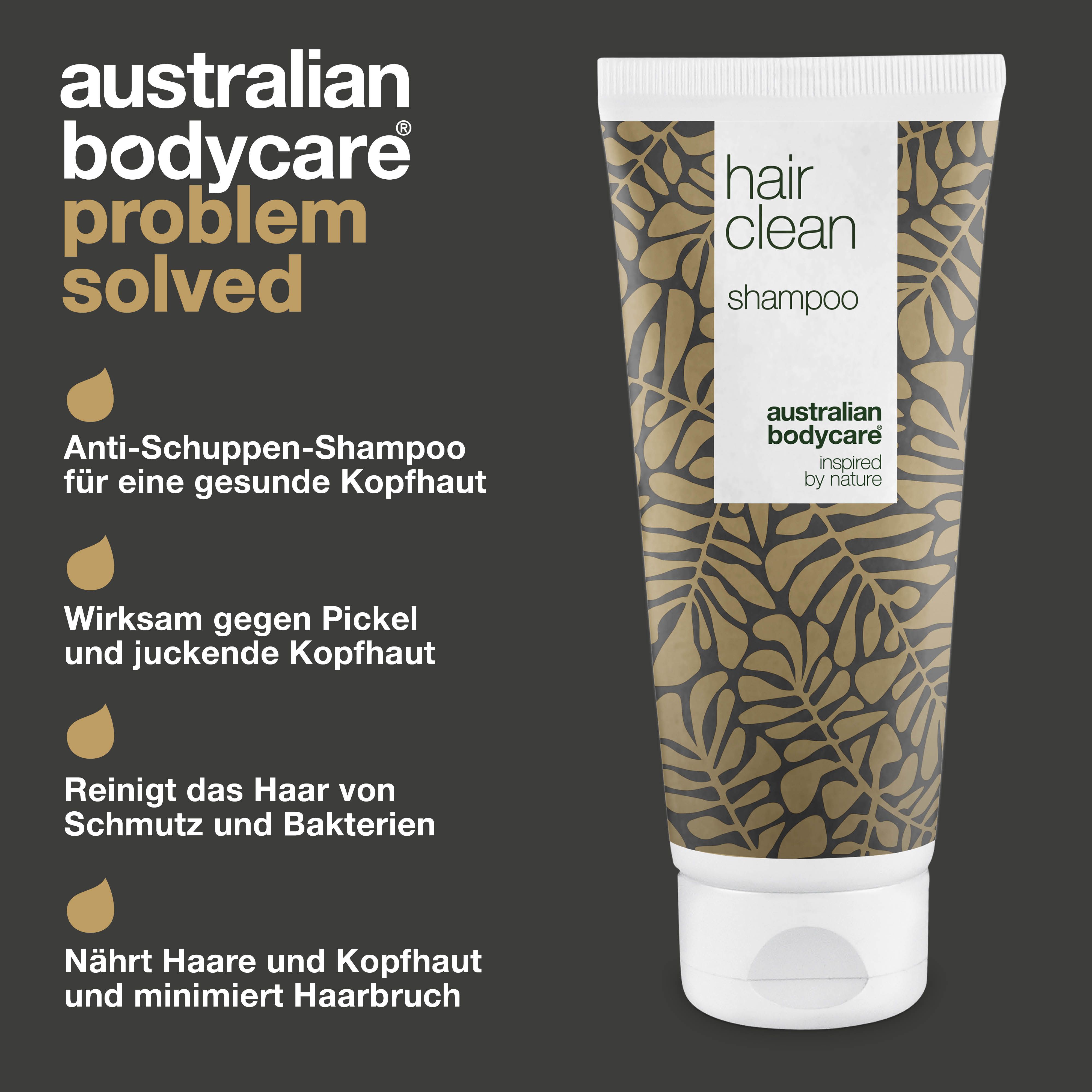 Shampoo-Tube mit Text. Schriftzug: hair clean, australian bodycare. Vorteile: Anti-Schuppen, für gesunde Kopfhaut.