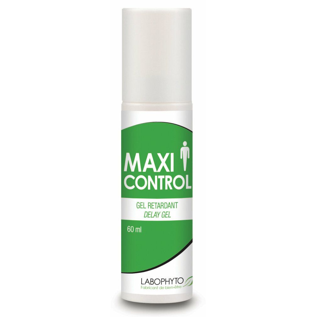 Weiße Flasche mit grünem Etikett. Aufschrift: MAXI CONTROL, Gel retardant. Logo Labophyto. 60 ml.