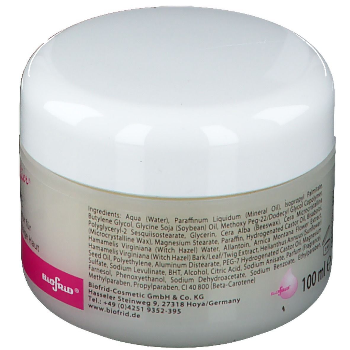 Pot de crème avec couvercle blanc et contenant transparent. Inscriptions "Biofrid" et ingrédients. 100 ml.