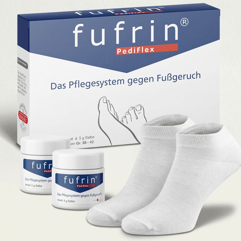 Produktverpackung mit zwei Cremetiegeln, zwei weißen Socken und einer Schachtel mit der Aufschrift "fufrin® PediFlex".