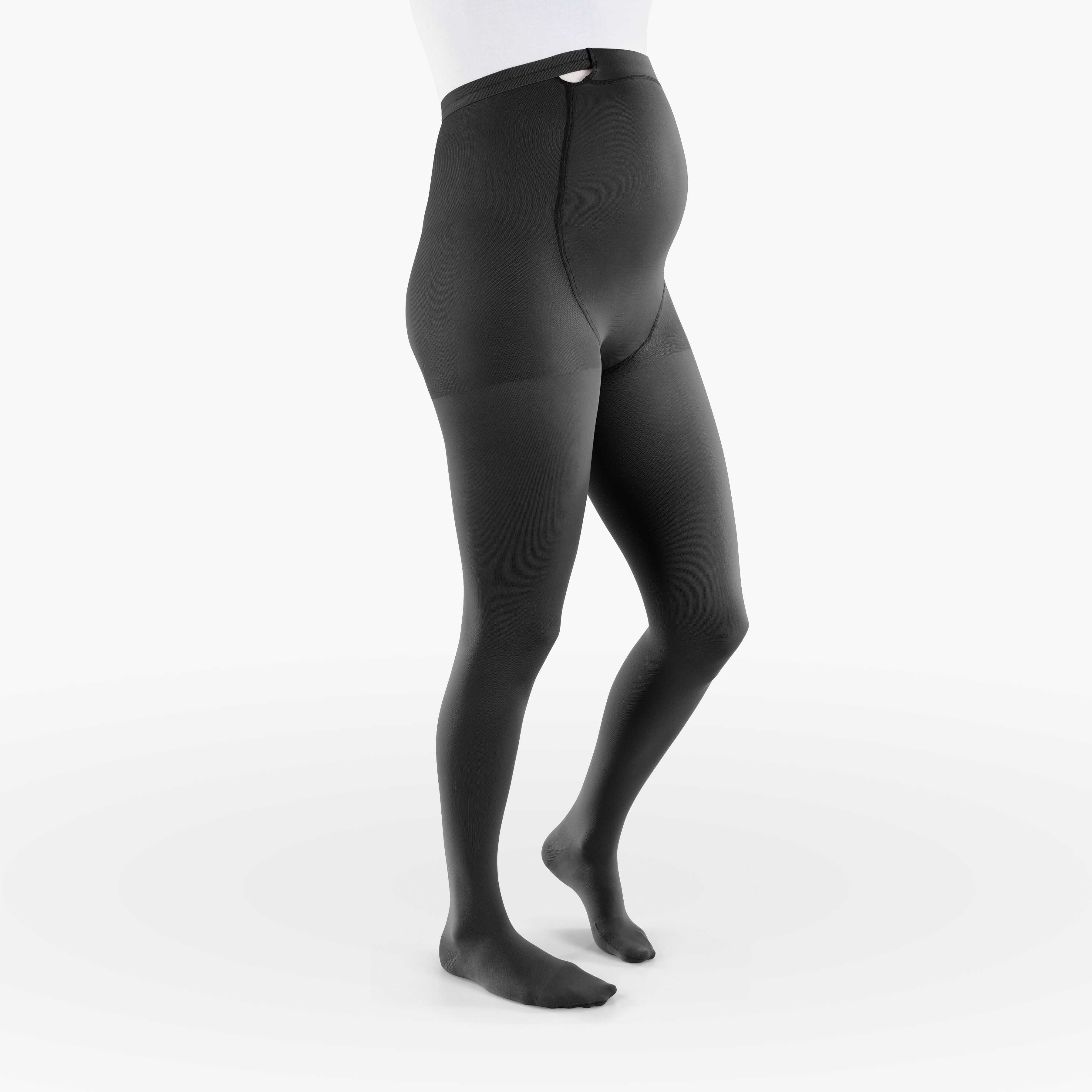 Collant de compression noir pour femmes enceintes. Vue latérale d'une personne portant le collant.