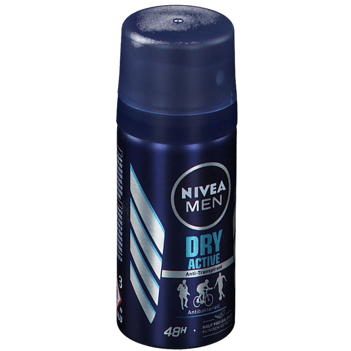NIVEA MEN Dry Active Sprühdose. Deckel, Schriftzug, Piktogramme, 48h. Antibakteriell. 35ml.