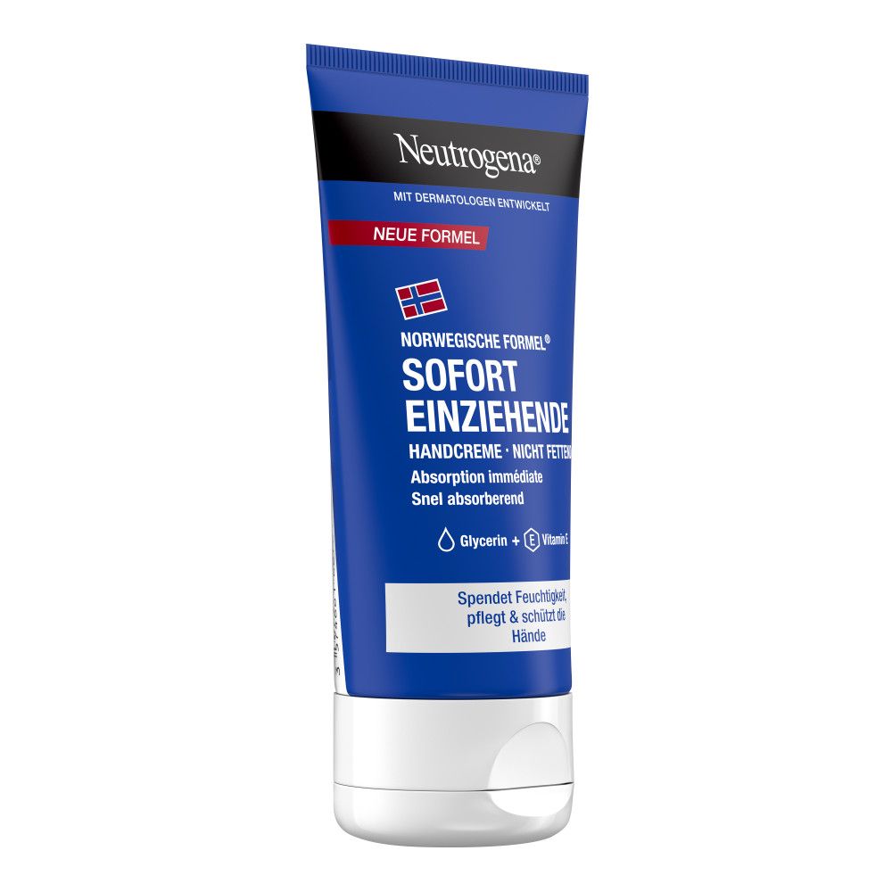 Blaue Tube Handcreme. Text: Neutrogena, Sofort einziehende Handcreme, Glycerin + Vitamin E.