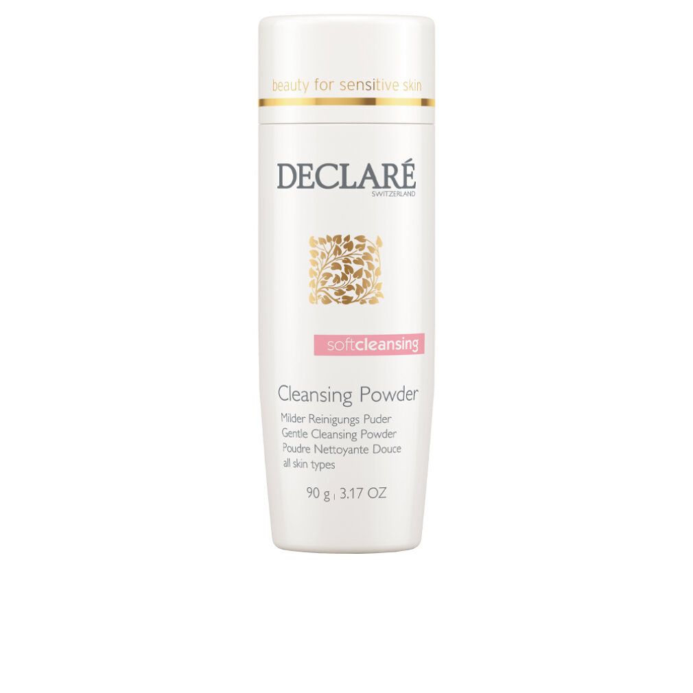 DECLARÉ Soft Cleansing Puder. Weißes Produkt, Logo, Produktname, Informationen. Flasche mit Deckel.