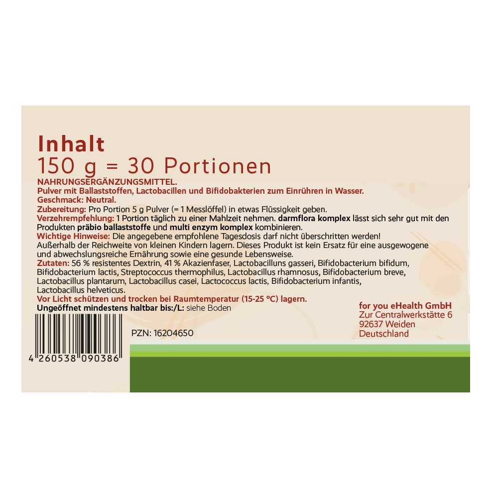 Dose "for you darmflora komplex". Aufschrift: 11 Bakterienstämme, 22 Milliarden Bakterien, 4 g Ballaststoffe. Inhalt: 150 g = 30 Portionen.