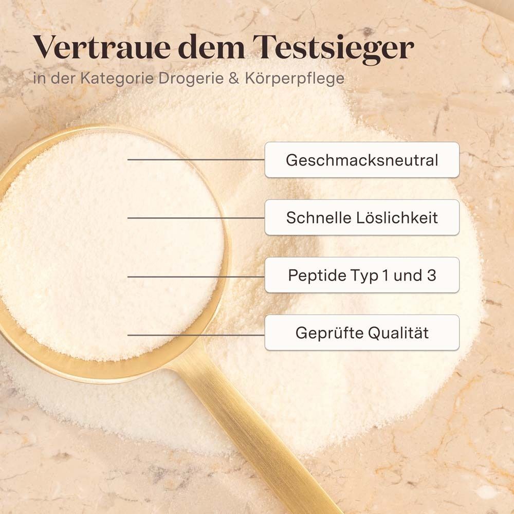 Cuillère dorée avec poudre blanche. Texte: Neutre en goût, dissolution rapide, peptides de type 1 et 3, qualité vérifiée.