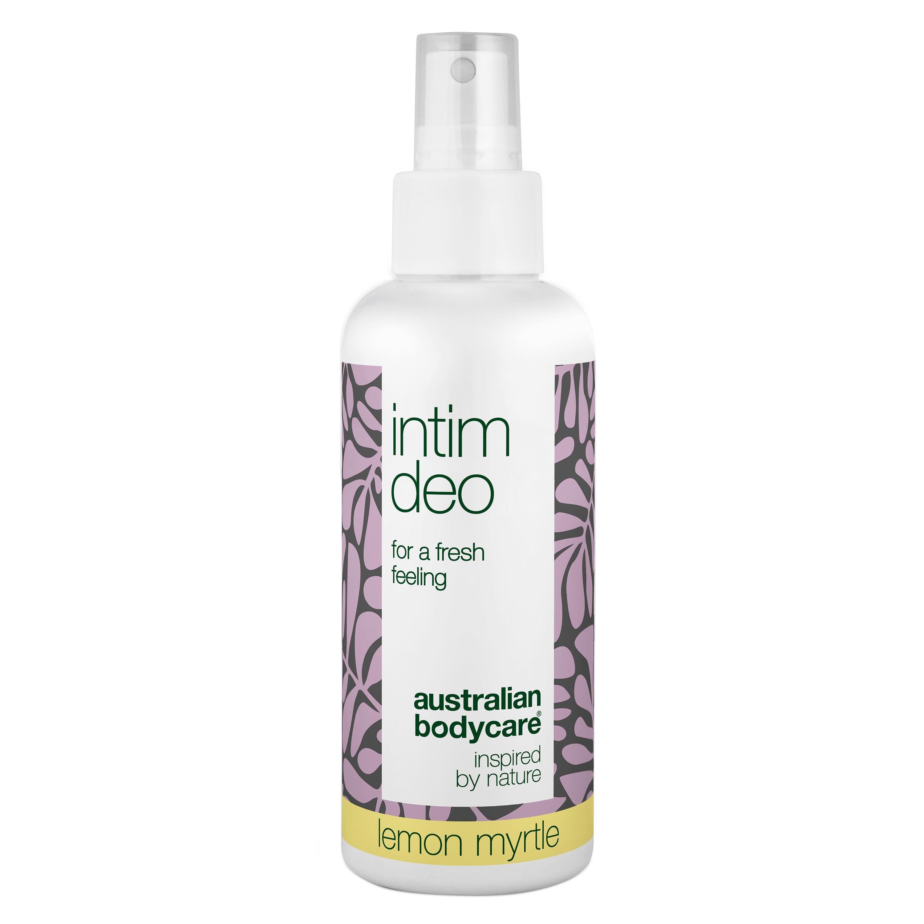 Weißes Intimdeo-Spray mit floralem Muster. Aufschrift: Intim Deo, Australian Bodycare, Lemon Myrtle.