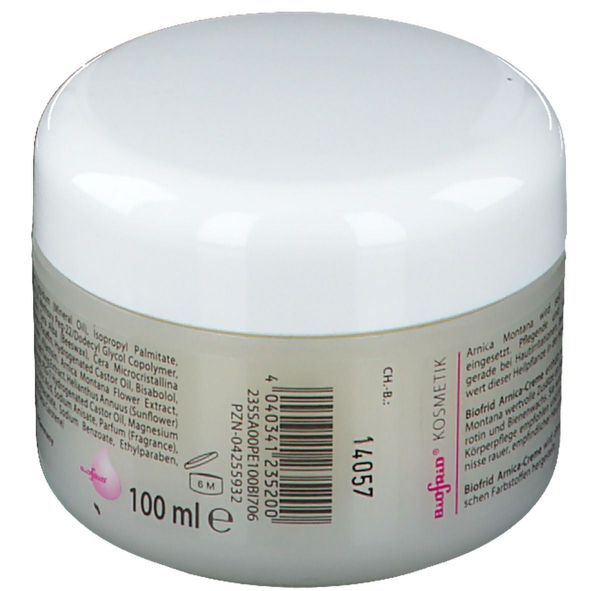 Pot de crème avec couvercle blanc et contenant transparent. Inscription "Biofrid" et "100 ml".