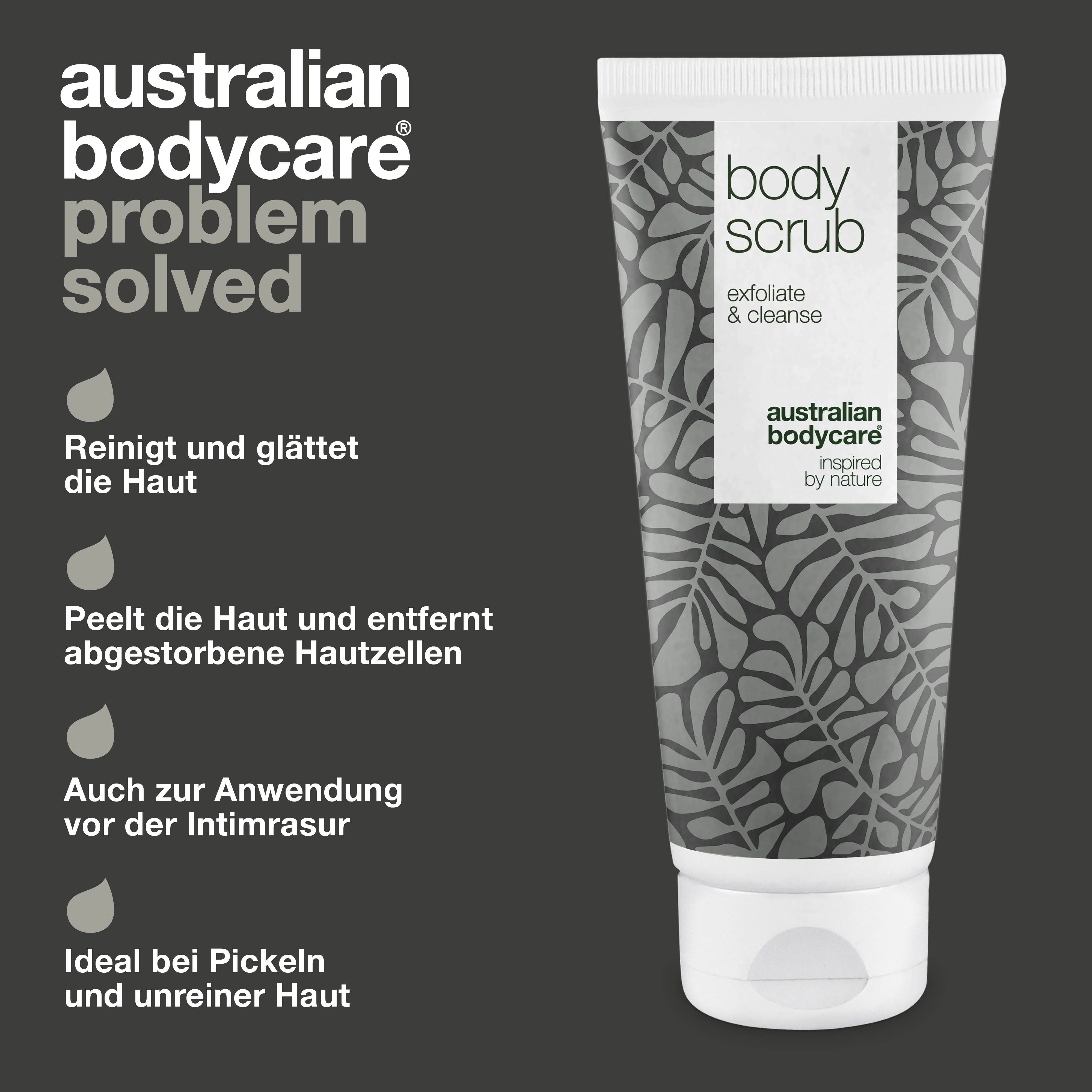 Tube Body Scrub. Text: Australian Bodycare, Body Scrub, Exfoliate & cleanse. Text: Reinigt und glättet die Haut.