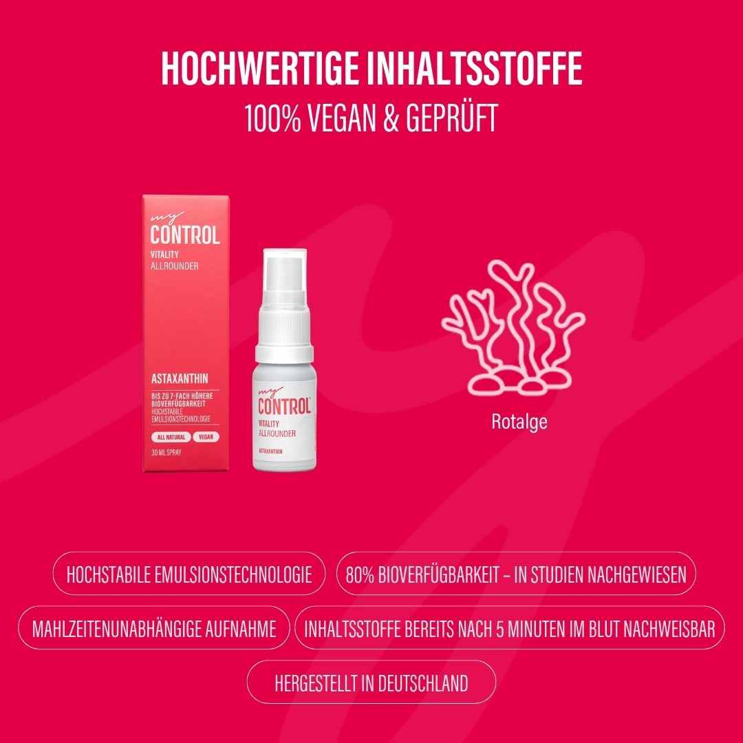 Produktflasche und Verpackung. Zeigt my Control® Vitality Allrounder Astaxanthin Spray und Rotalge.