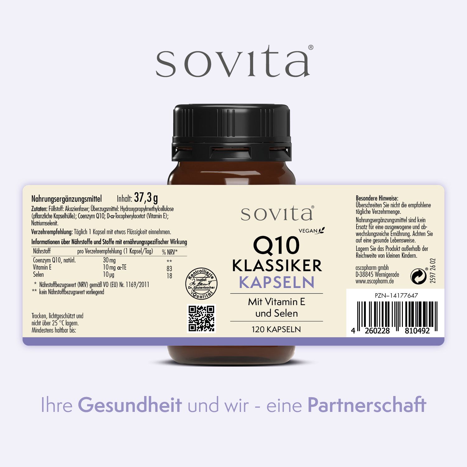 Flacon en verre brun avec bouchon noir. Étiquette avec informations produit. Texte: Q10 Klassiker Kapseln, 120 gélules. Vegan.