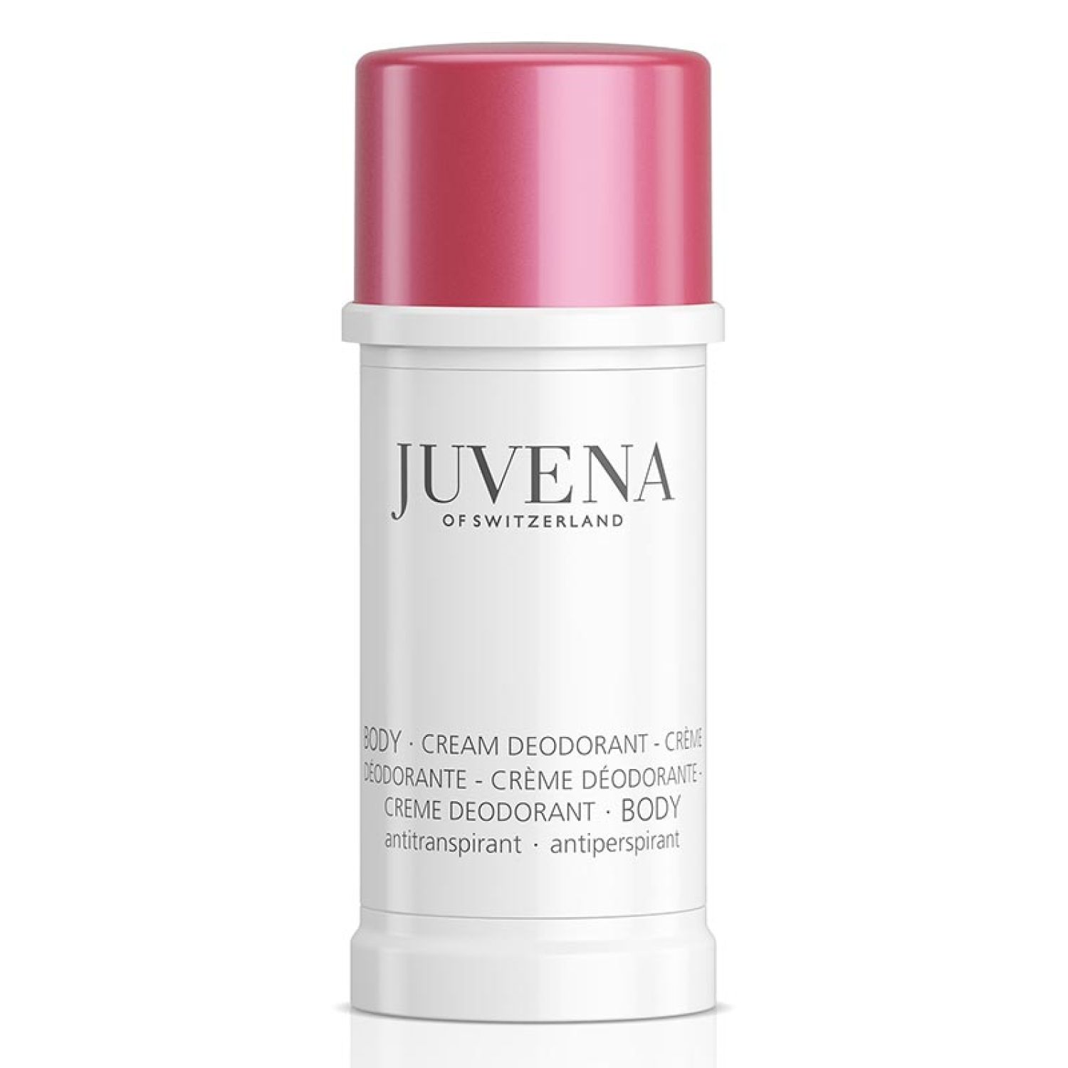Weißer Deostift mit pinkfarbenem Deckel. Aufschrift: Juvena of Switzerland. Produktbezeichnung: Body Cream Deodorant.