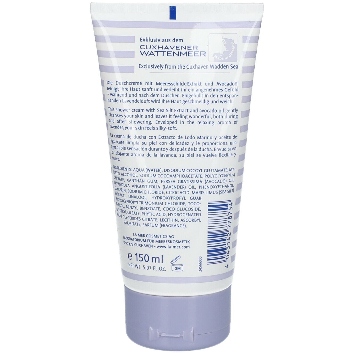 Dos du tube de crème de douche La mer. Texte : Exclusivement de la mer des Wadden de Cuxhaven. Ingrédients. 150 ml.