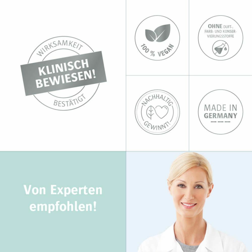 Text: Klinisch bewiesen! 100% vegan. Ohne Duft-, Farb- und Konservierungsstoffe. Nachhaltig gewonnen. Made in Germany. Ärztin lächelt.