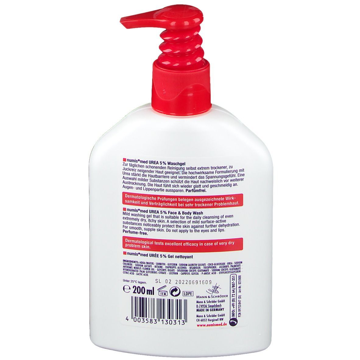 Gel lavant blanc avec pompe rouge. Inscription : numis® med UREA 5% Waschgel. Flacon de 200 ml.