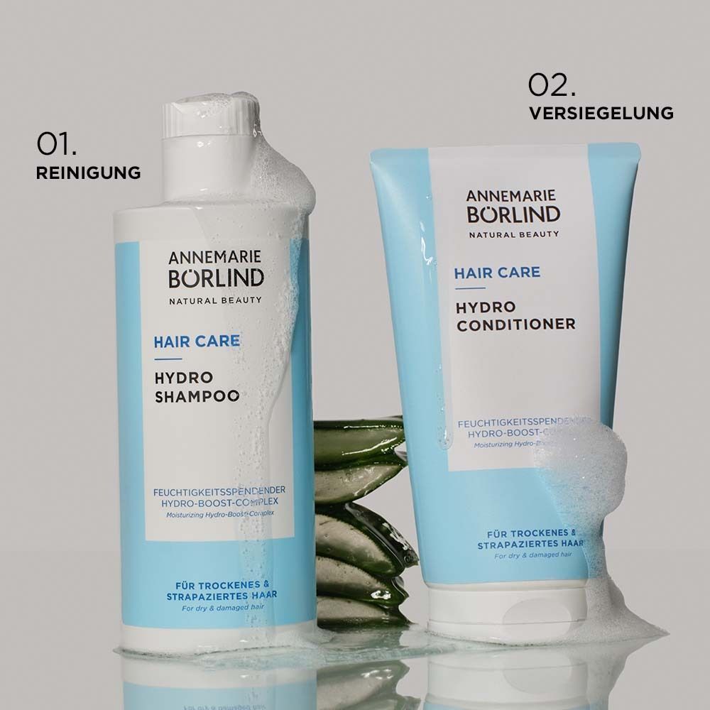 Shampooing ANNEMARIE BÖRLIND Hydro et Après-shampooing Hydro avec mousse.