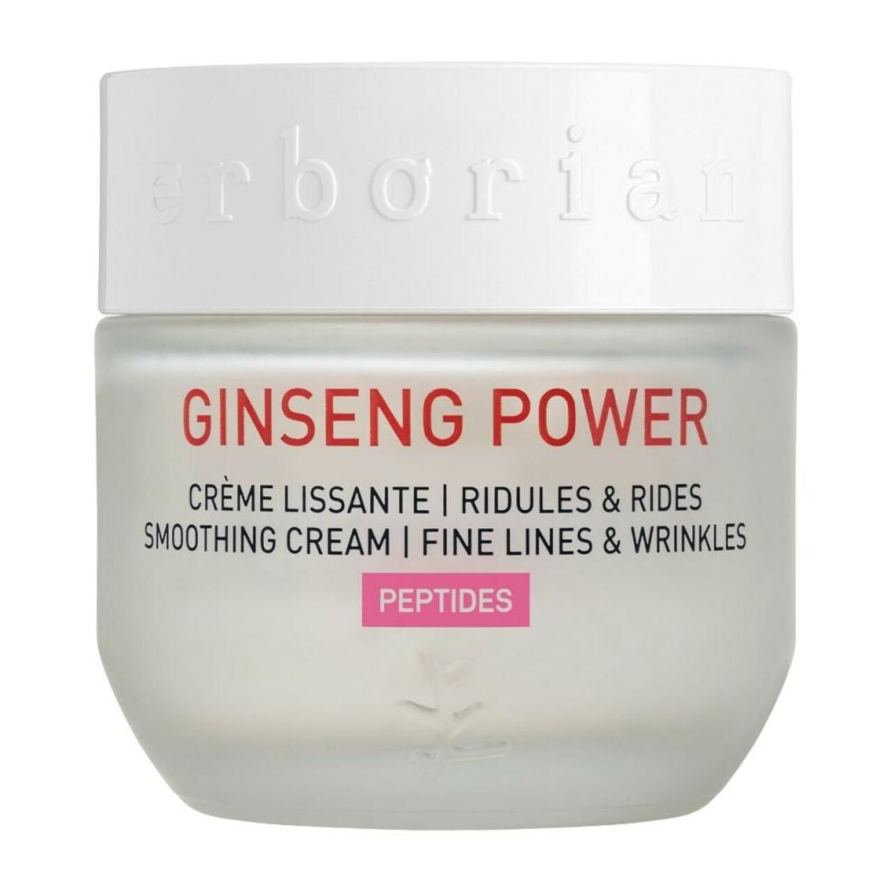 Creme-Glas mit weißem Deckel. Aufschrift: GINSENG POWER, Crème lissante, Fine Lines & Wrinkles. Marke: erborian.