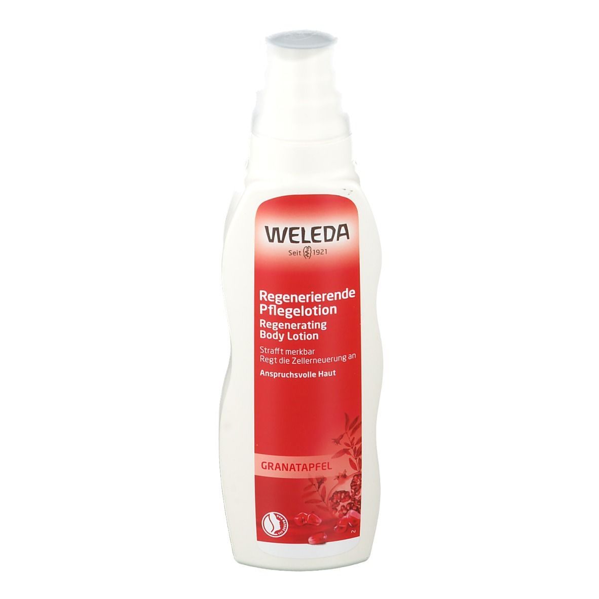 Weleda Lotion régénérante. Bouteille blanche avec distributeur. Autocollant rouge avec informations.