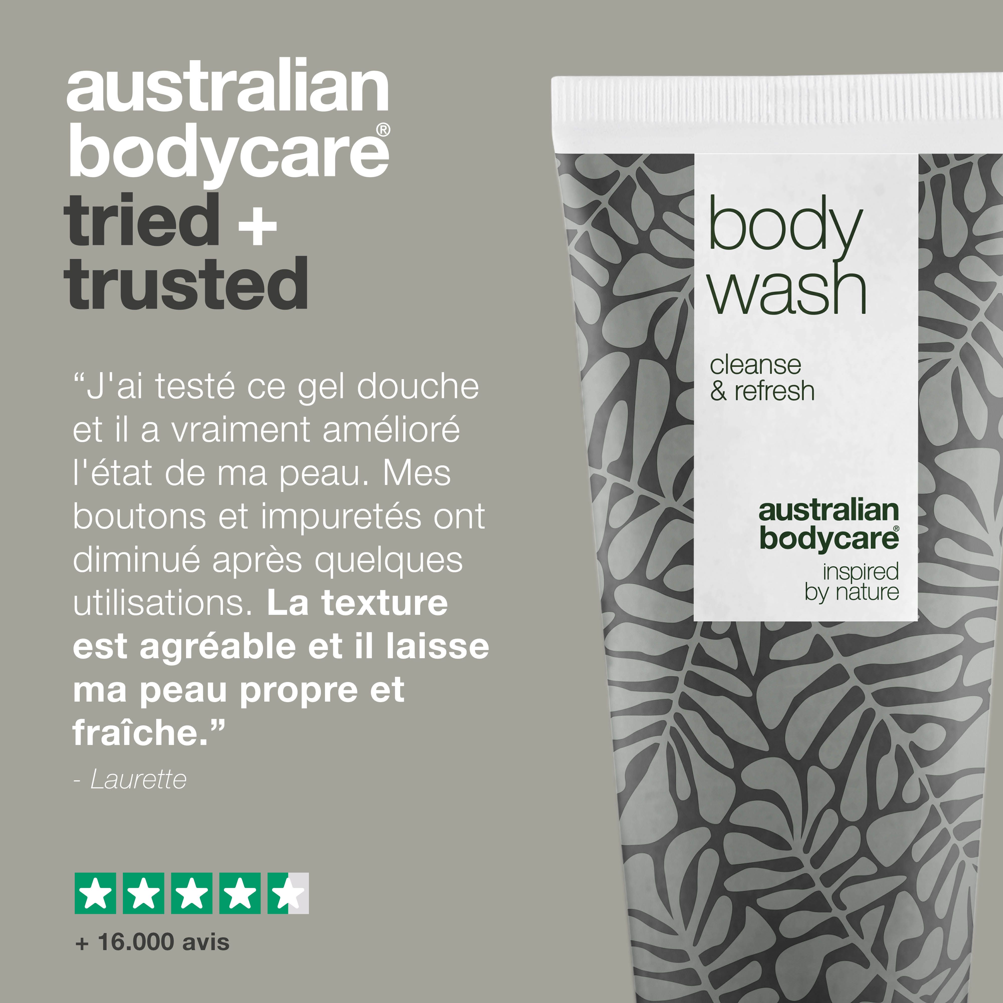 Tube avec « body wash ». Logo « Australian Bodycare ». Citation et étoiles.