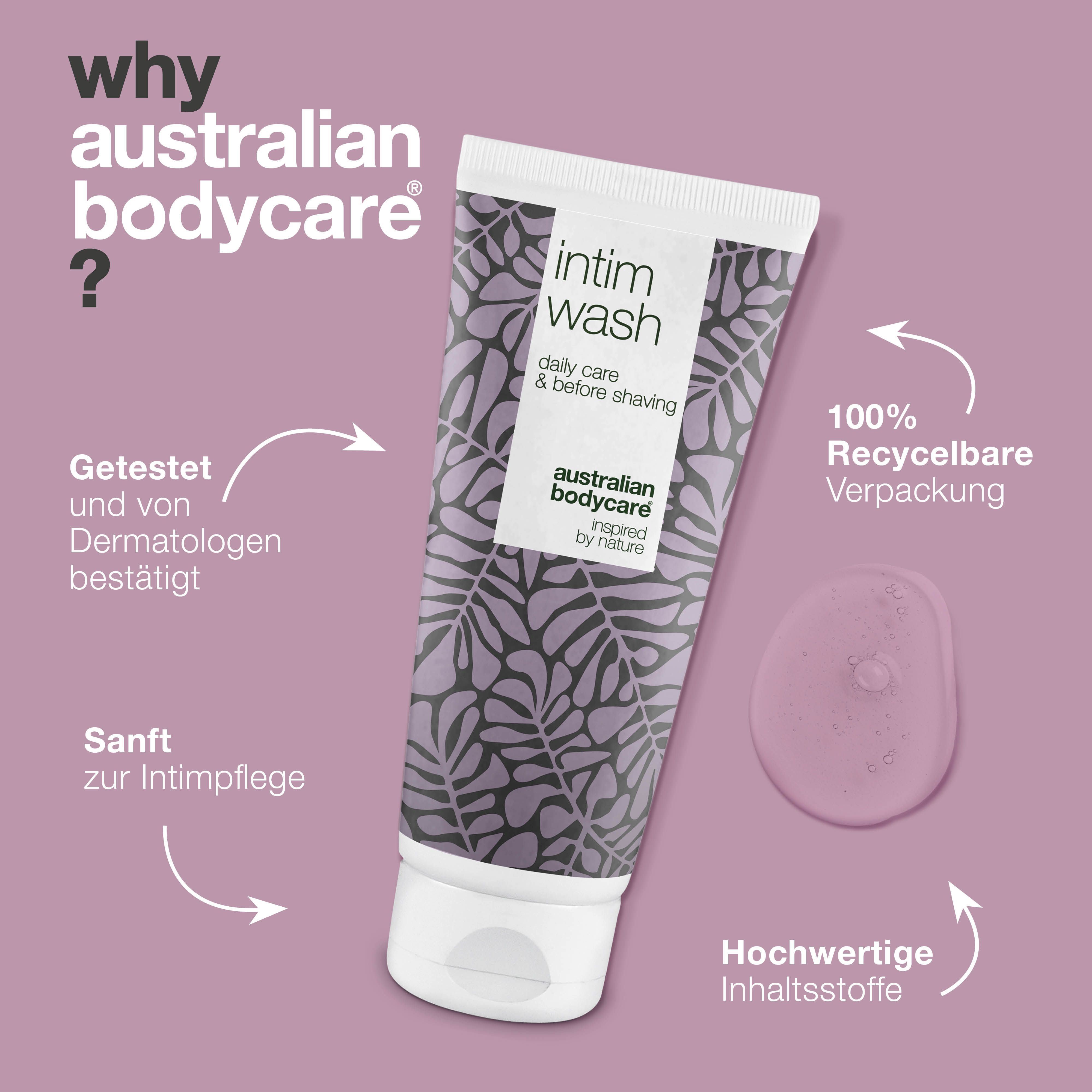 Tube mit Aufschrift: Intim Wash, daily care & before shaving. Marke: Australian Bodycare. Vorteile: dermatologisch getestet.