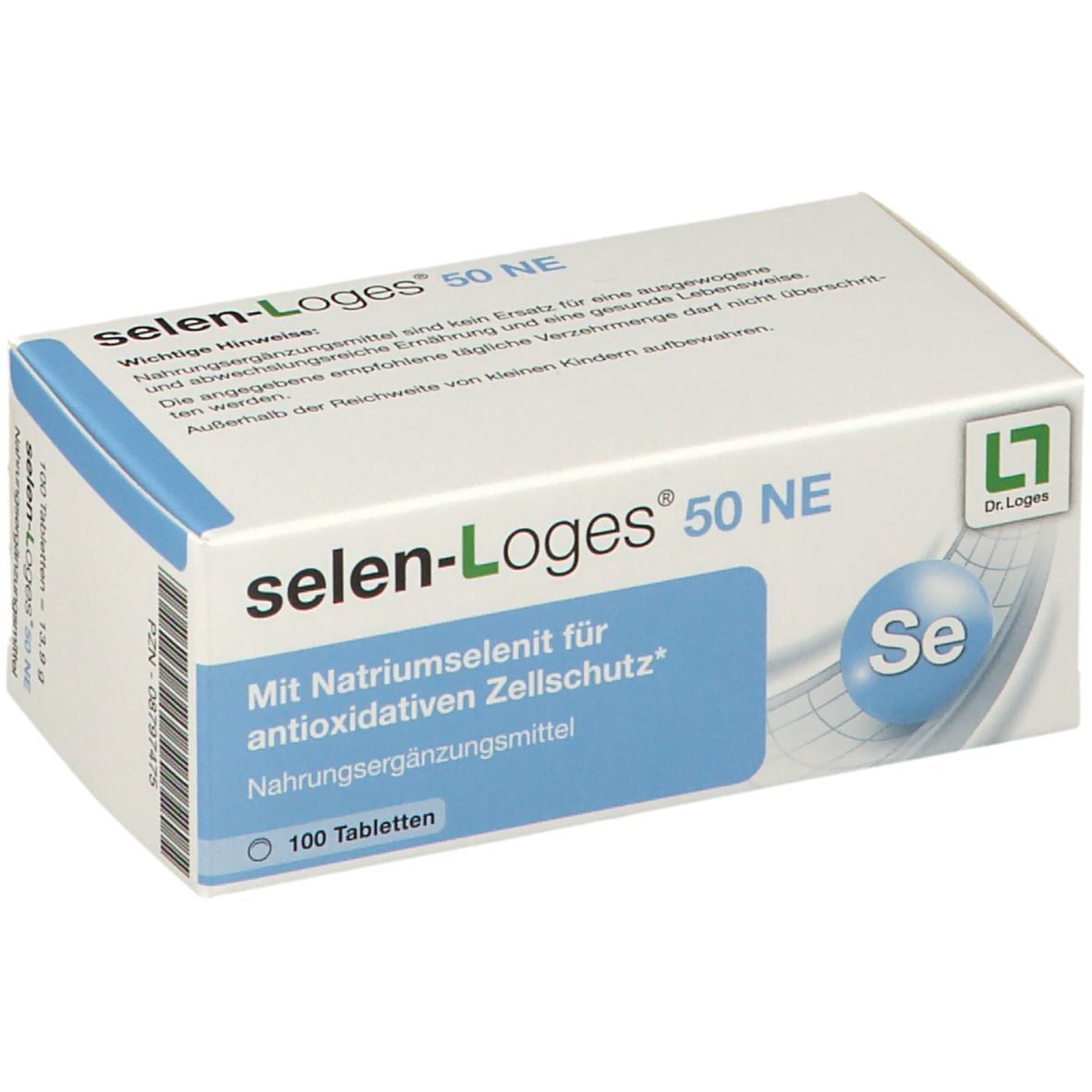 Boîte de comprimés "selen-Loges 50 NE". Inscription : "100 comprimés". Logo "Dr. Loges".