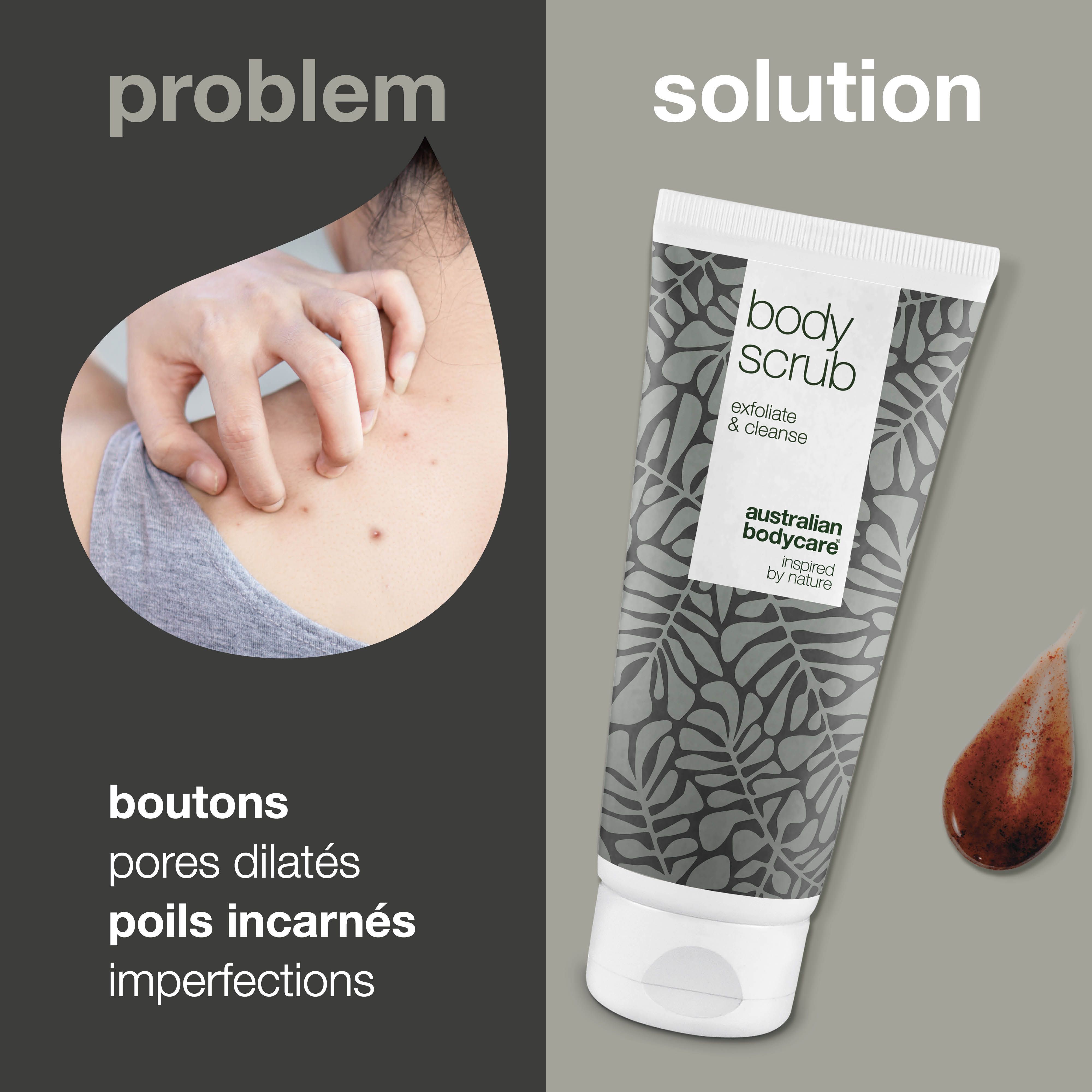 Problème : imperfections cutanées. Solution : tube de gommage corporel. Texte : boutons, pores dilatés, poils incarnés, imperfections.