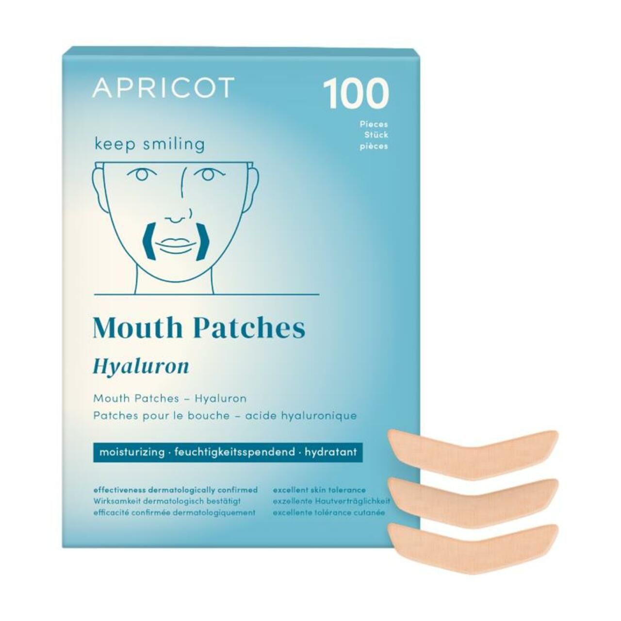 Hellblaue Verpackung APRICOT mit Produkt und drei Mund-Patches. Aufschrift "keep smiling" und "Mouth Patches Hyaluron".