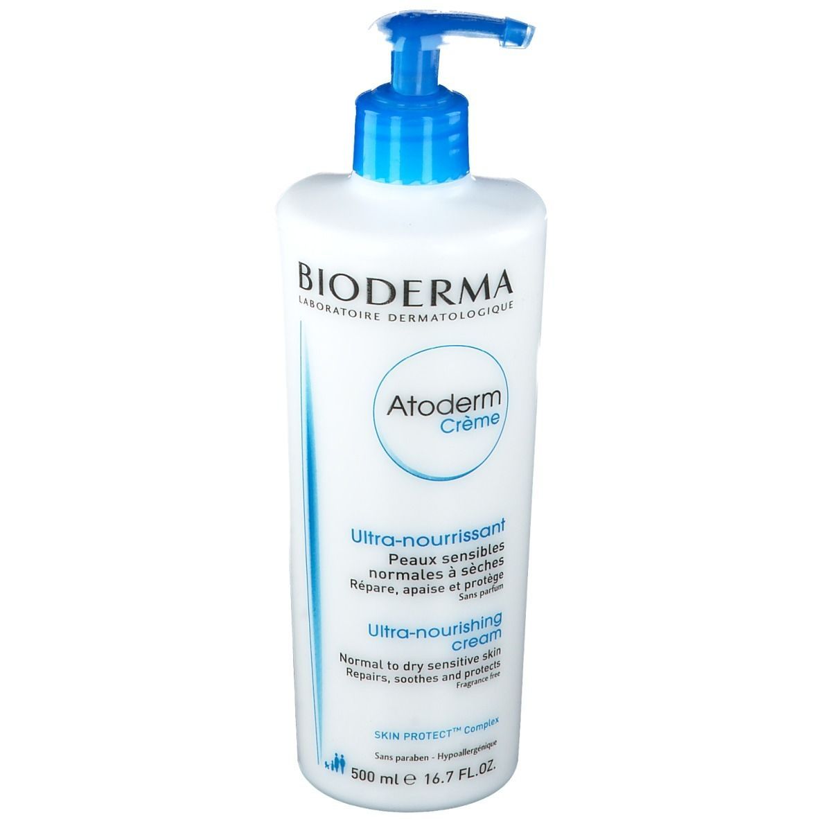 Flacon blanc avec pompe bleue. Texte: BIODERMA Atoderm Crème. Crème ultra-nourrissante. 500 ml.