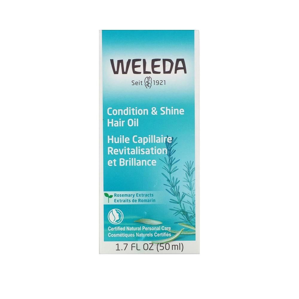 Emballage blanc avec inscriptions: WELEDA, Condition & Shine Hair Oil, 1.7 FL OZ (50ml). Avec certification.