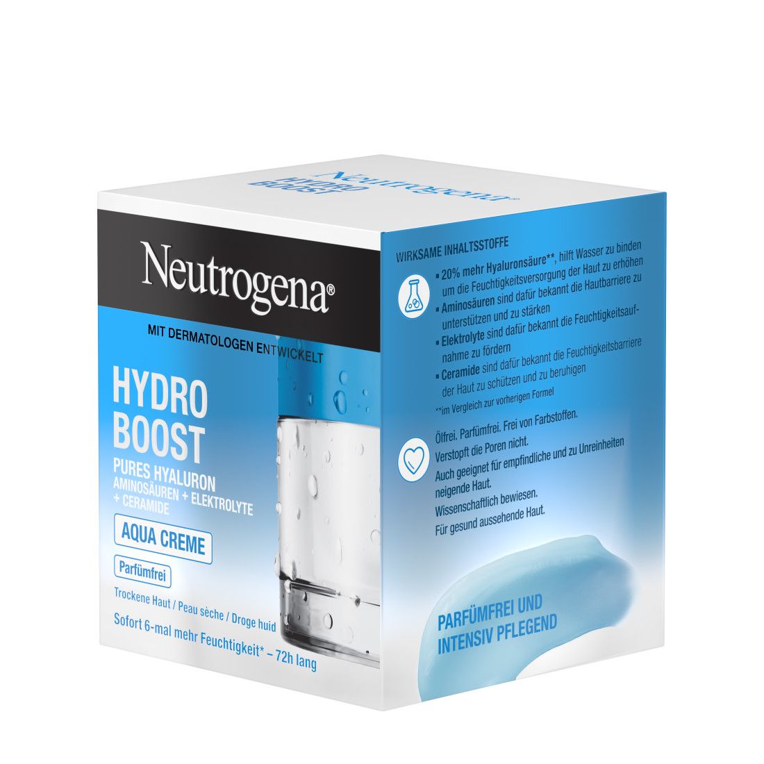 Neutrogena Hydro Boost Aqua Creme. Verpackung mit Produktinformationen. Blaue Kappe.
