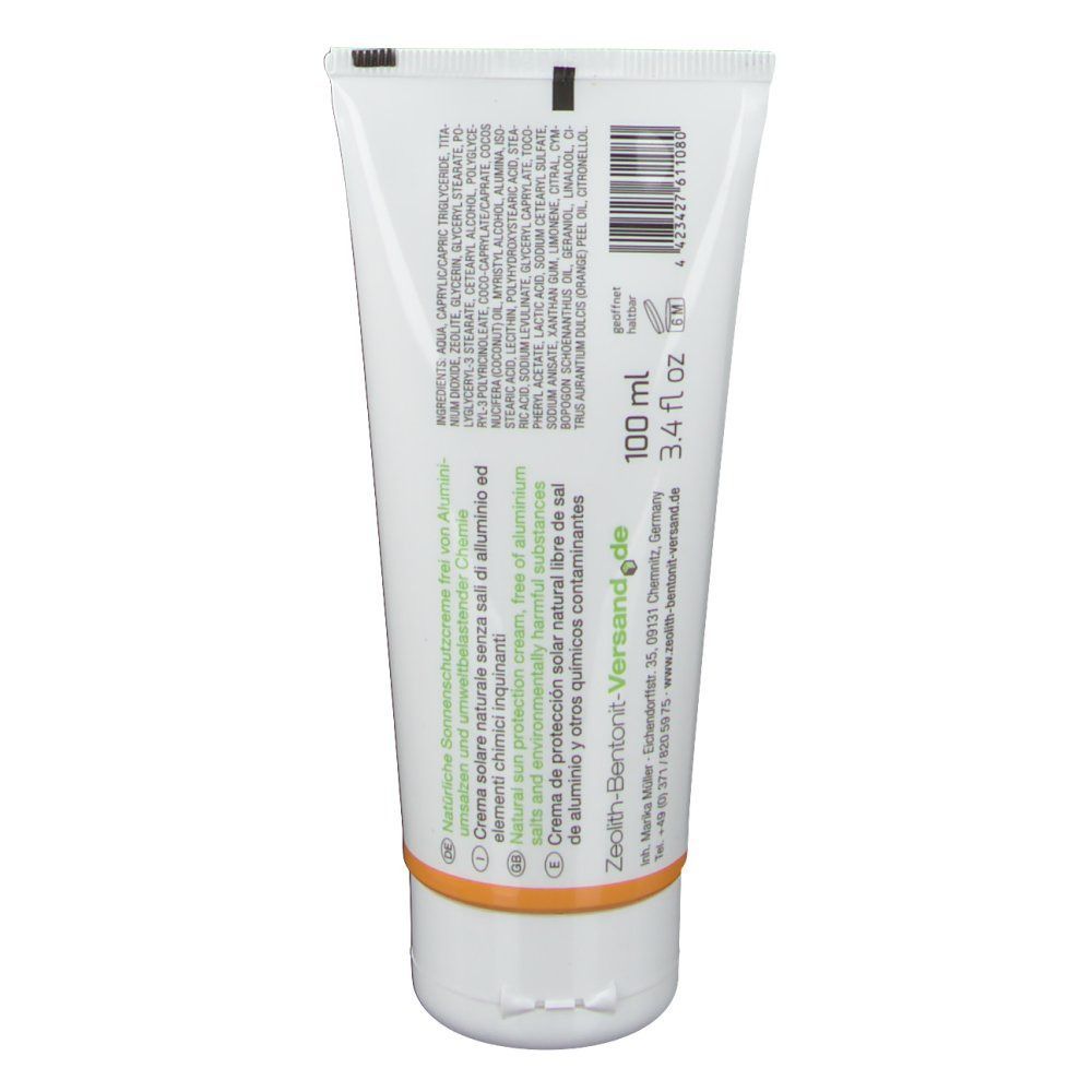 Dos du tube de crème solaire ZeolithMED. Blanc, bouchon orange. Texte : 100 ml, 3.4 fl oz. Ingrédients et informations fabricant.